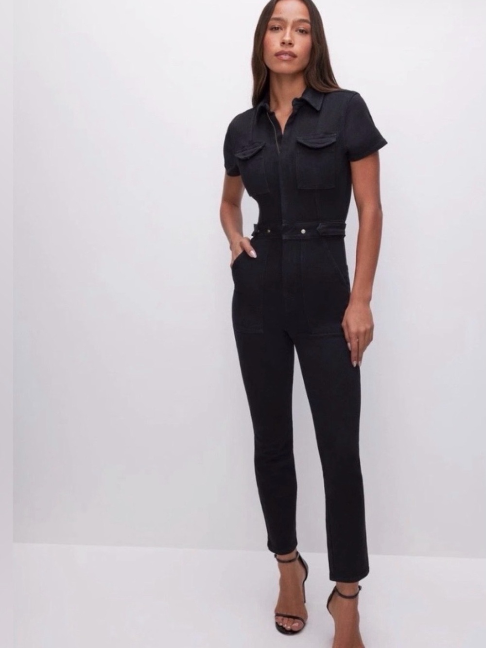 Good American Black Short-Sleeve Belted Utility Jumpsuit